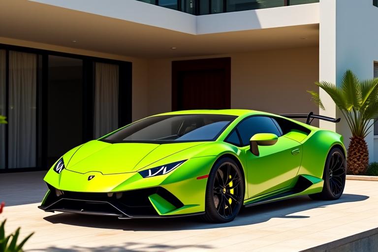 Ein grüner Lamborghini Huracán EVO parkt vor einer modernen Villa.
